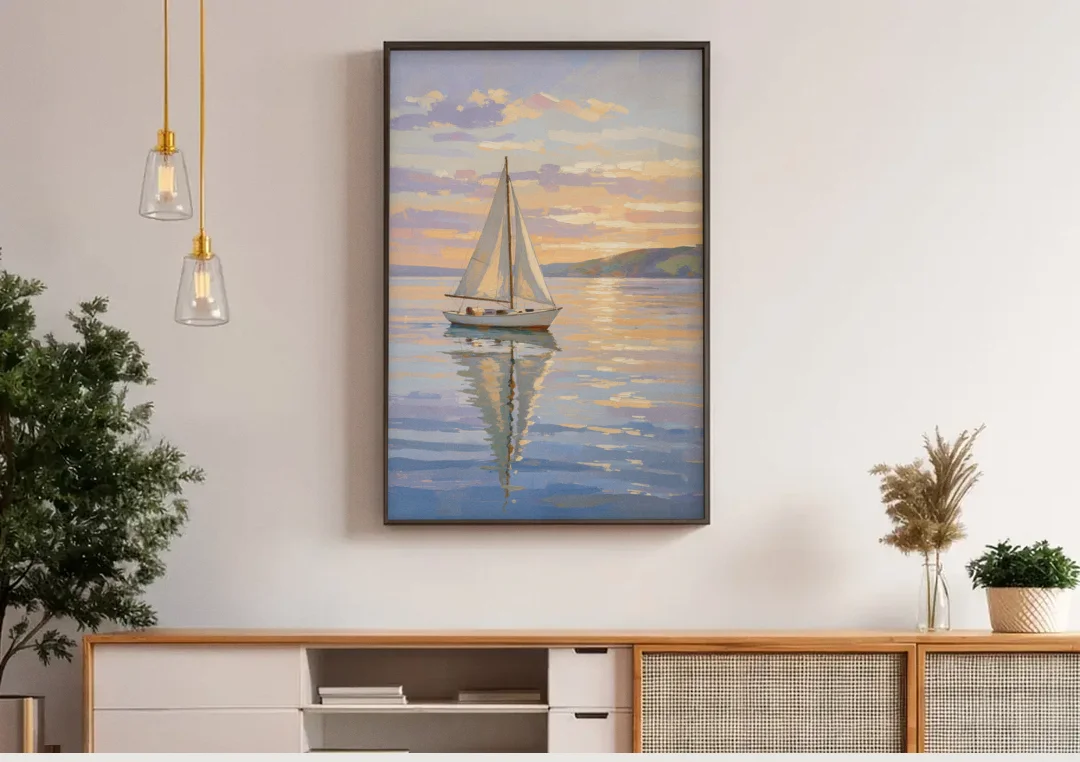 White Sailboat Sloop on Evening Glass canvas wall art above a wooden sideboard under pendant lights