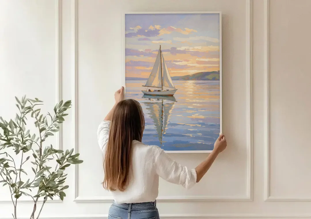 White Sailboat Sloop on Evening Glass canvas wall art being hung on a paneled wall