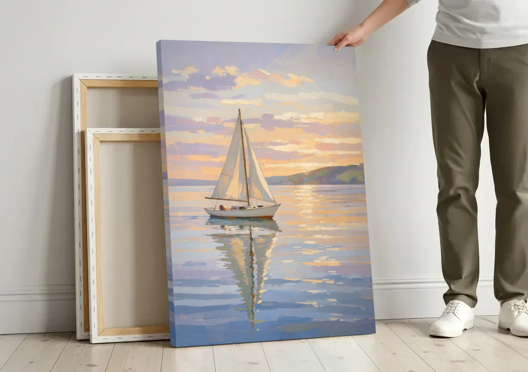 White Sailboat Sloop on Evening Glass canvas wall art leaning against a wall next to blank canvases