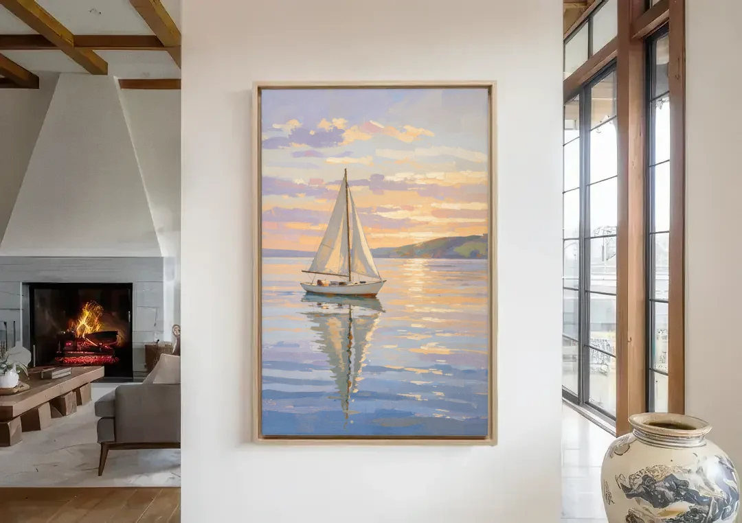 White Sailboat Sloop on Evening Glass canvas wall art in a living room with a fireplace