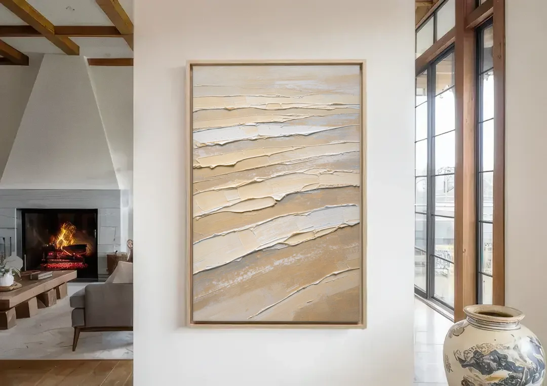 White Textured Painting of Low Tide Ridges canvas wall art in a living room with a fireplace