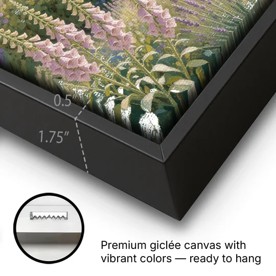 Whitewashed Cottage in Foxgloves and Lavender - Black Framed Canvas Wall Art - Gallery Wrap Corner