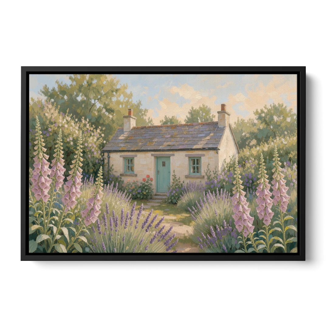 Whitewashed Cottage in Foxgloves and Lavender - Black Framed Canvas Wall Art - Front