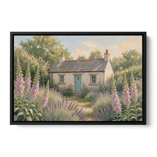 Whitewashed Cottage in Foxgloves and Lavender - Black Framed Canvas Wall Art - Front
