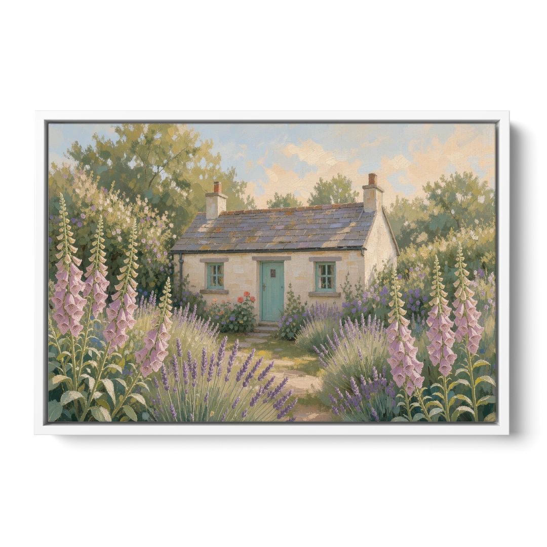 Whitewashed Cottage in Foxgloves and Lavender - White Framed Canvas Wall Art - Front