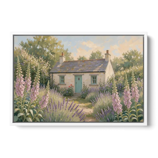 Whitewashed Cottage in Foxgloves and Lavender - White Framed Canvas Wall Art - Front
