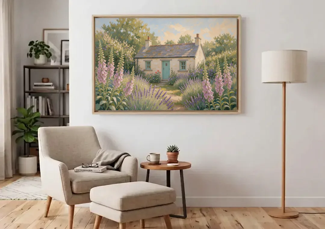 Whitewashed Cottage in Foxgloves and Lavender canvas wall art above an armchair in a bright living room