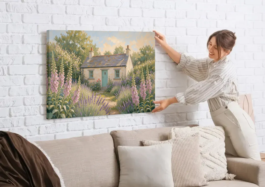 Whitewashed Cottage in Foxgloves and Lavender canvas wall art being hung on a white brick wall above a sofa