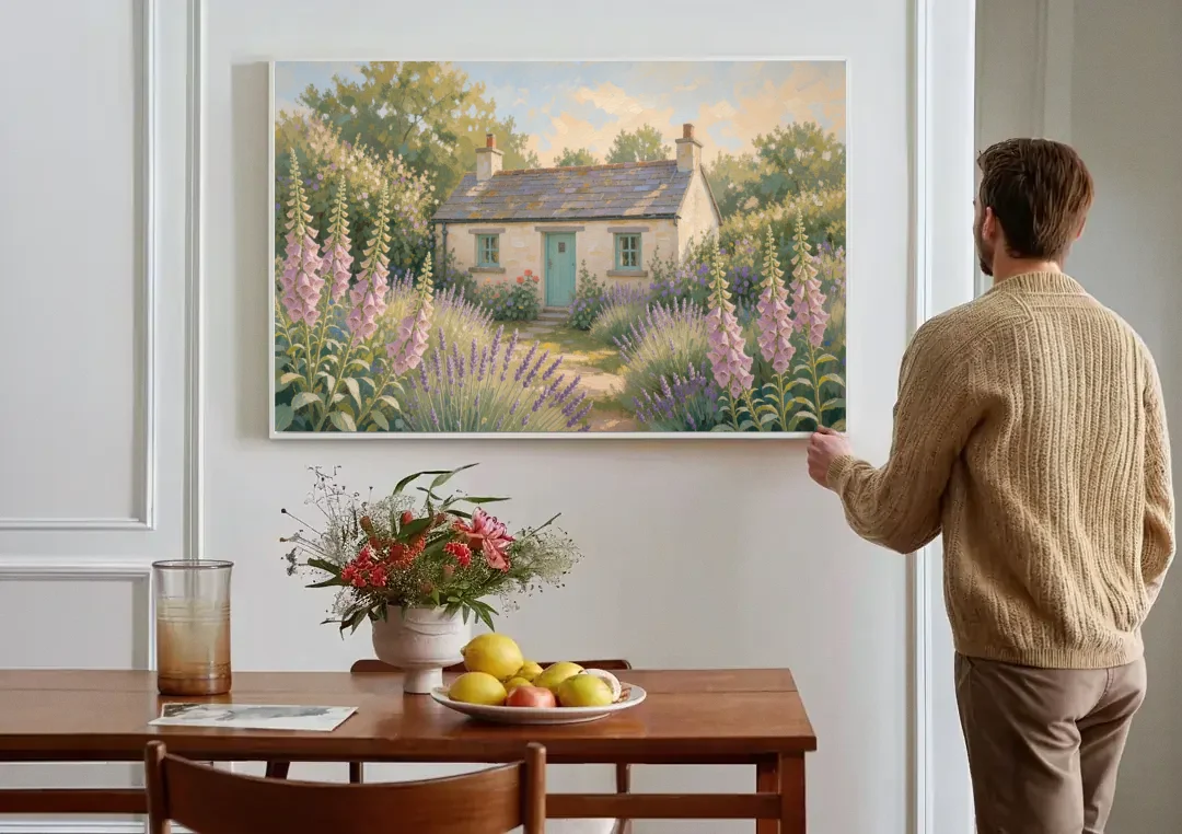 Whitewashed Cottage in Foxgloves and Lavender canvas wall art above a dining table