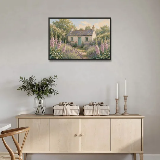 Whitewashed Cottage in Foxgloves and Lavender - Black Framed Canvas Wall Art - Coffee Table - 36x24