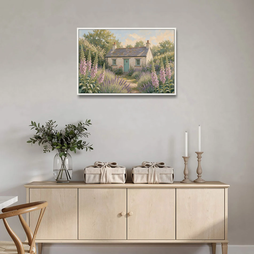 Whitewashed Cottage in Foxgloves and Lavender - White Framed Canvas Wall Art - Coffee Table - 36x24