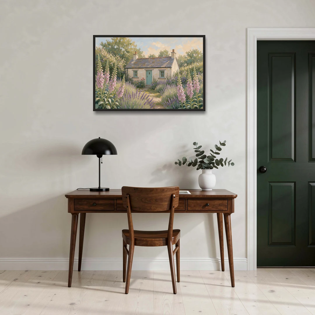 Whitewashed Cottage in Foxgloves and Lavender - Black Framed Canvas Wall Art - Office - 36x24