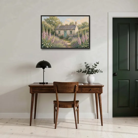 Whitewashed Cottage in Foxgloves and Lavender - Black Framed Canvas Wall Art - Office - 36x24