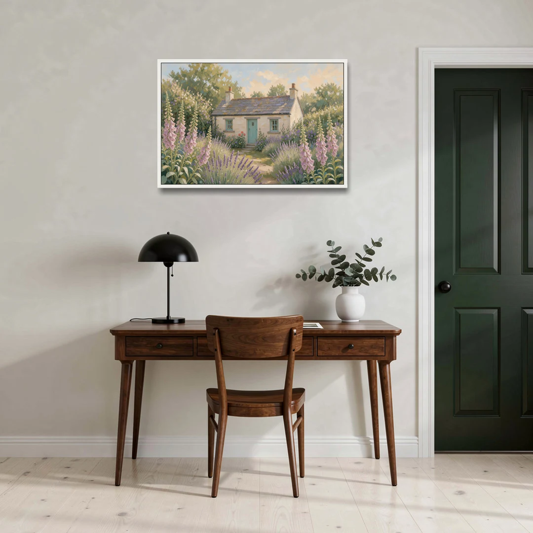 Whitewashed Cottage in Foxgloves and Lavender - White Framed Canvas Wall Art - Office - 36x24