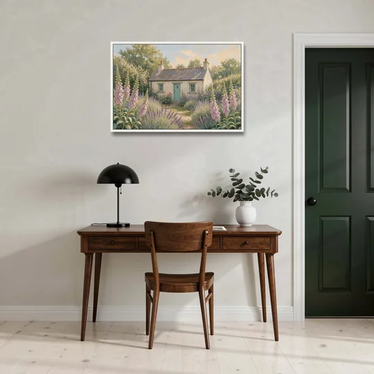 Whitewashed Cottage in Foxgloves and Lavender - White Framed Canvas Wall Art - Office - 36x24