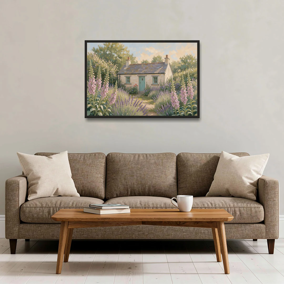 Whitewashed Cottage in Foxgloves and Lavender - Black Framed Canvas Wall Art - Sofa - 36x24