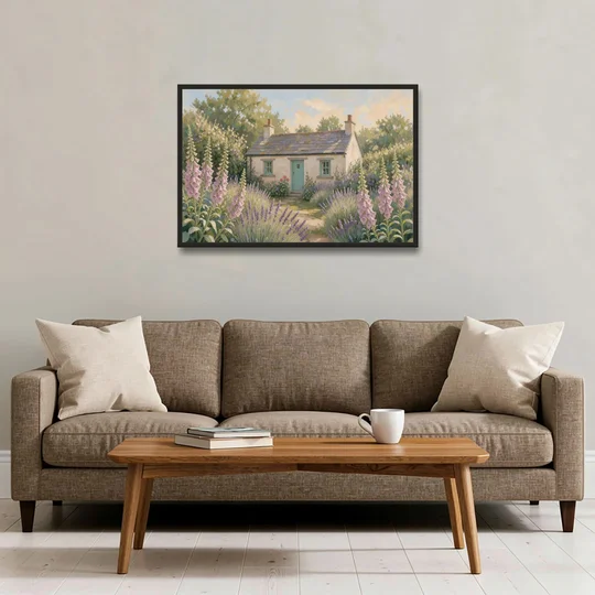 Whitewashed Cottage in Foxgloves and Lavender - Black Framed Canvas Wall Art - Sofa - 36x24