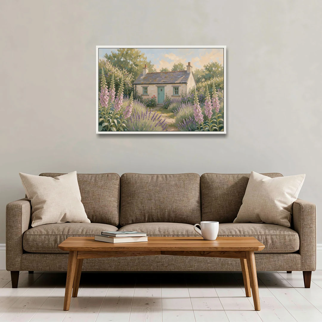 Whitewashed Cottage in Foxgloves and Lavender - White Framed Canvas Wall Art - Sofa - 36x24