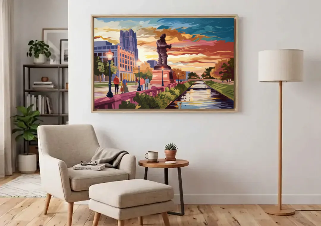 Wichita Historic Landmarks canvas wall art above an armchair in a bright living room