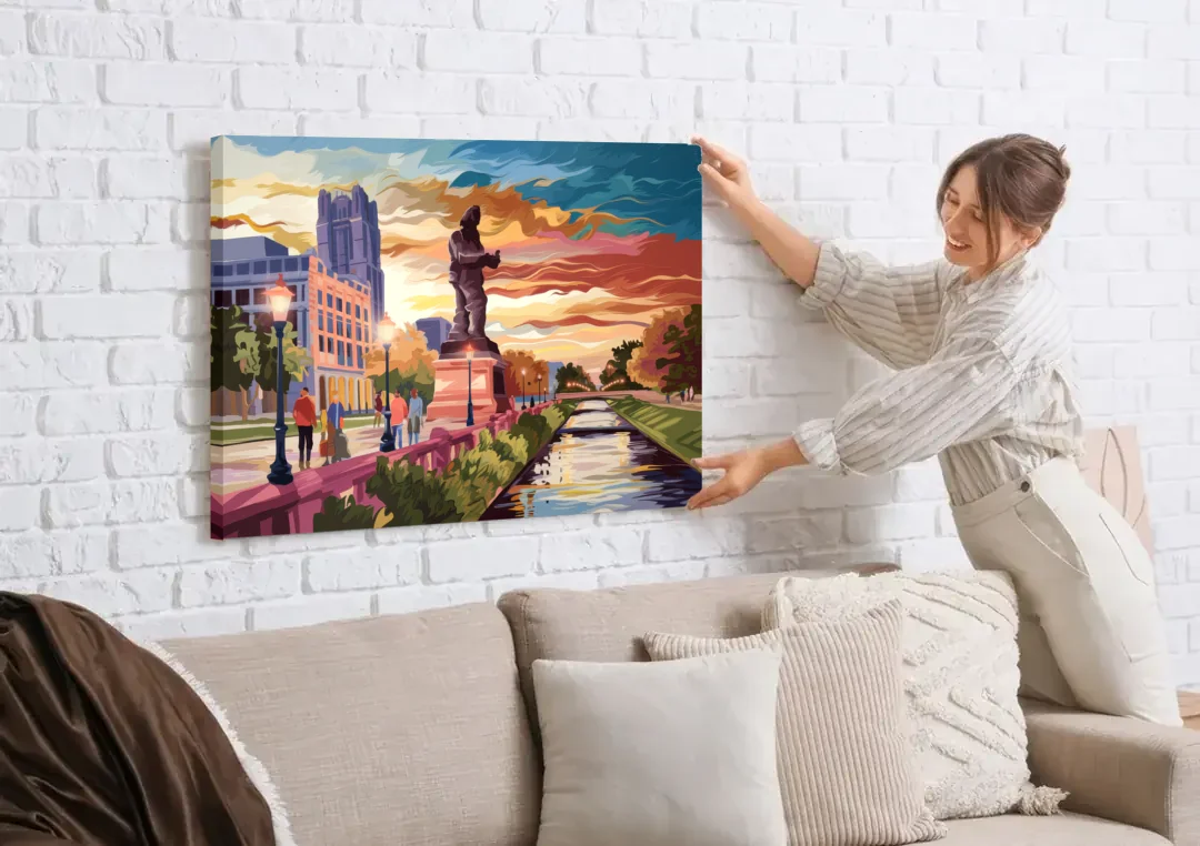 Wichita Historic Landmarks canvas wall art being hung on a white brick wall above a sofa