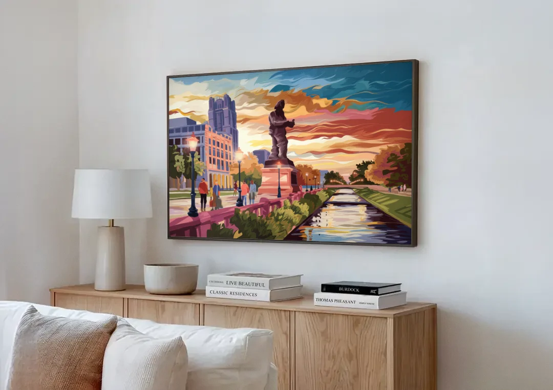 Wichita Historic Landmarks canvas wall art above a wooden sideboard next to a sofa