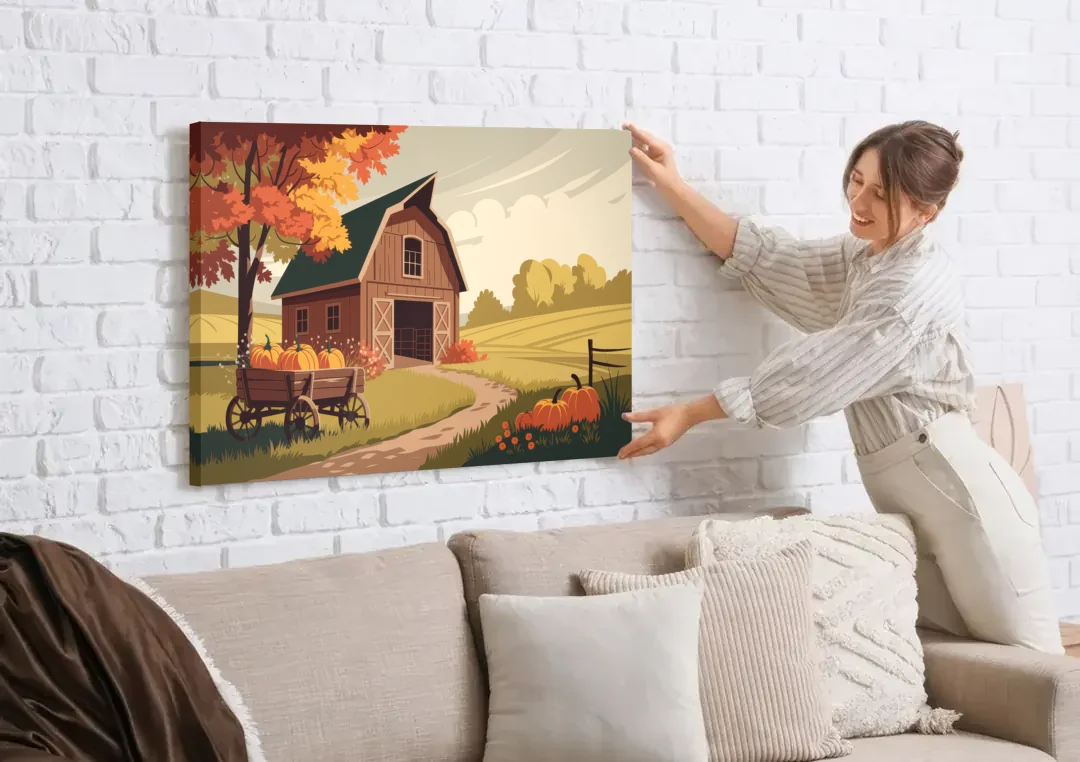 Wichita Rustic Charm canvas wall art being hung on a white brick wall above a sofa
