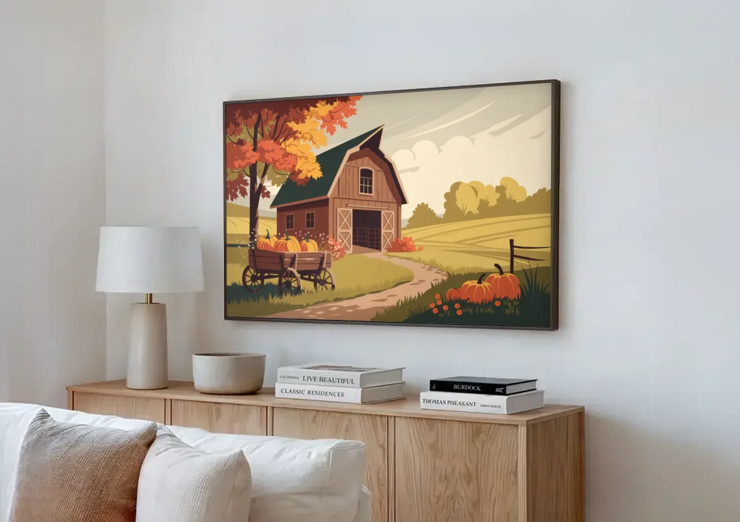 Wichita Rustic Charm canvas wall art above a wooden sideboard next to a sofa