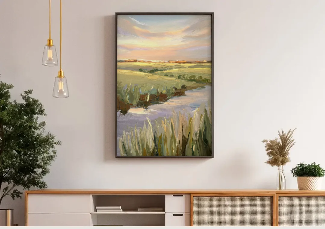 Wichita Scenic Horizons canvas wall art above a wooden sideboard under pendant lights