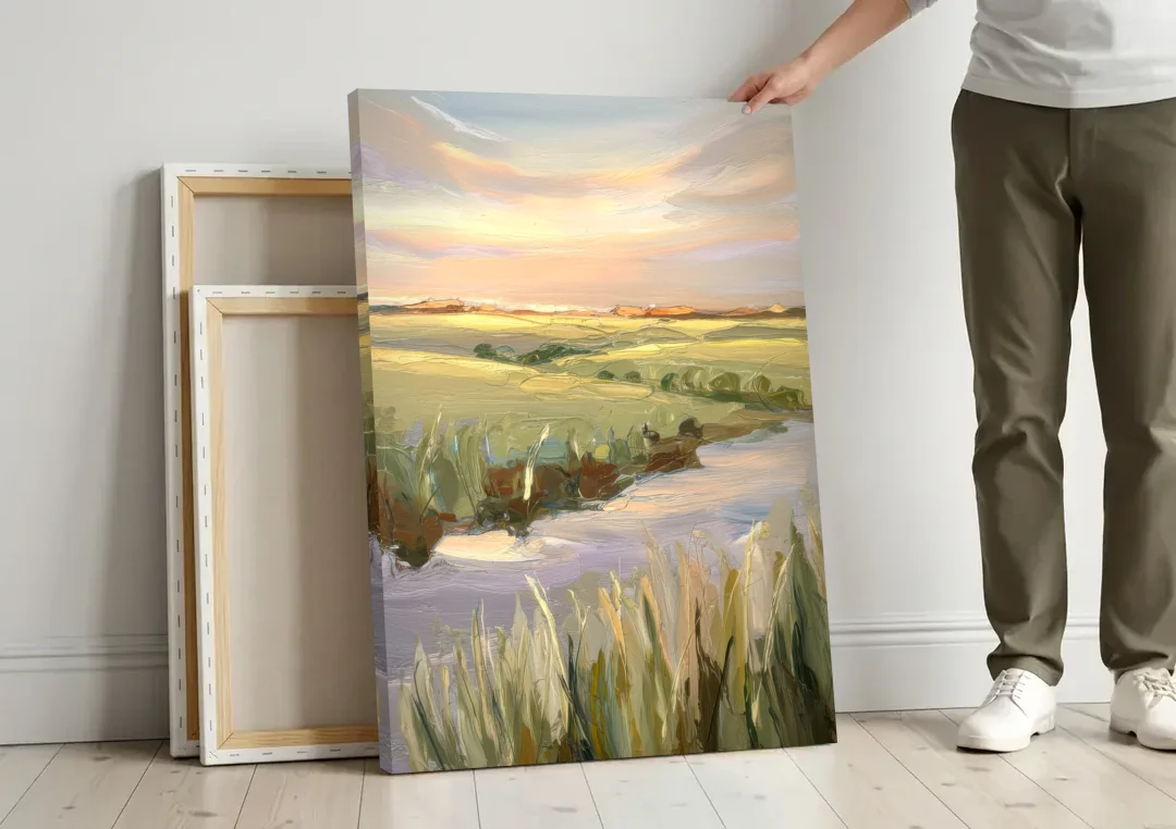 Wichita Scenic Horizons canvas wall art leaning against a wall next to blank canvases