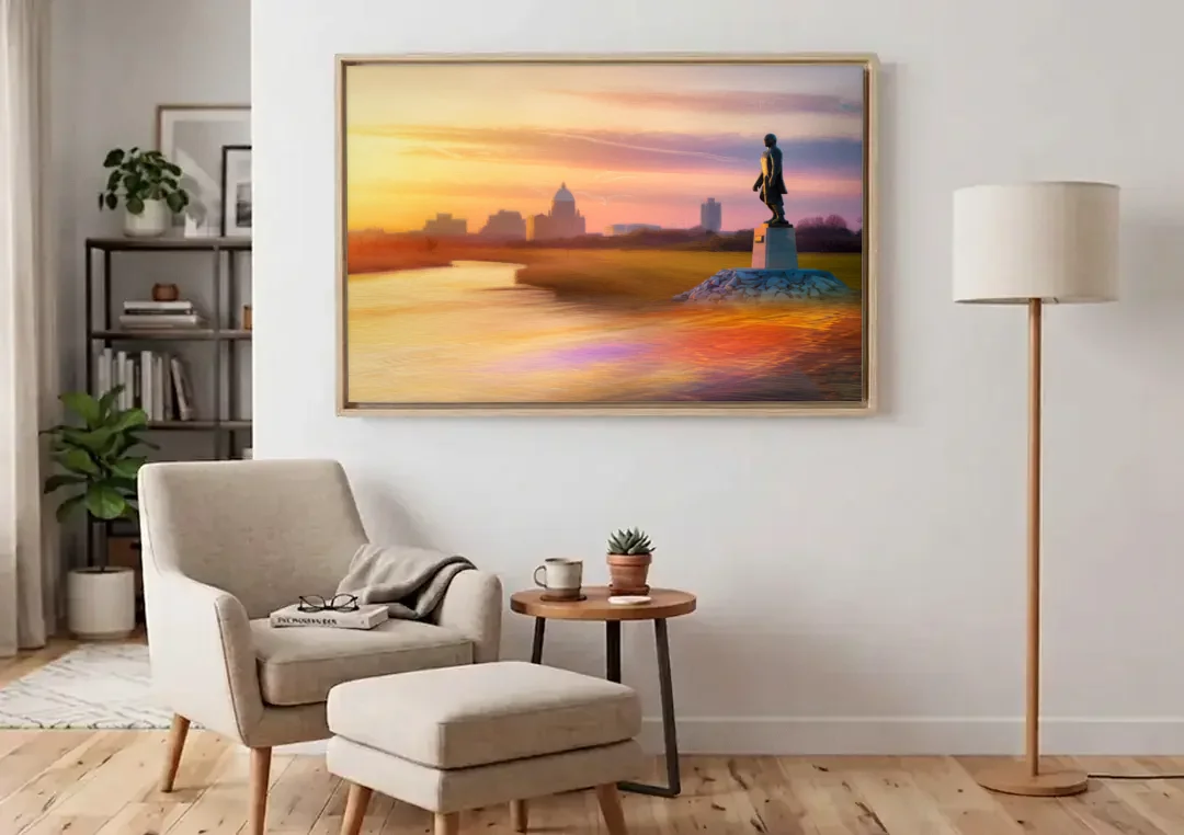 Wichita Skyline Sunset canvas wall art above an armchair in a bright living room