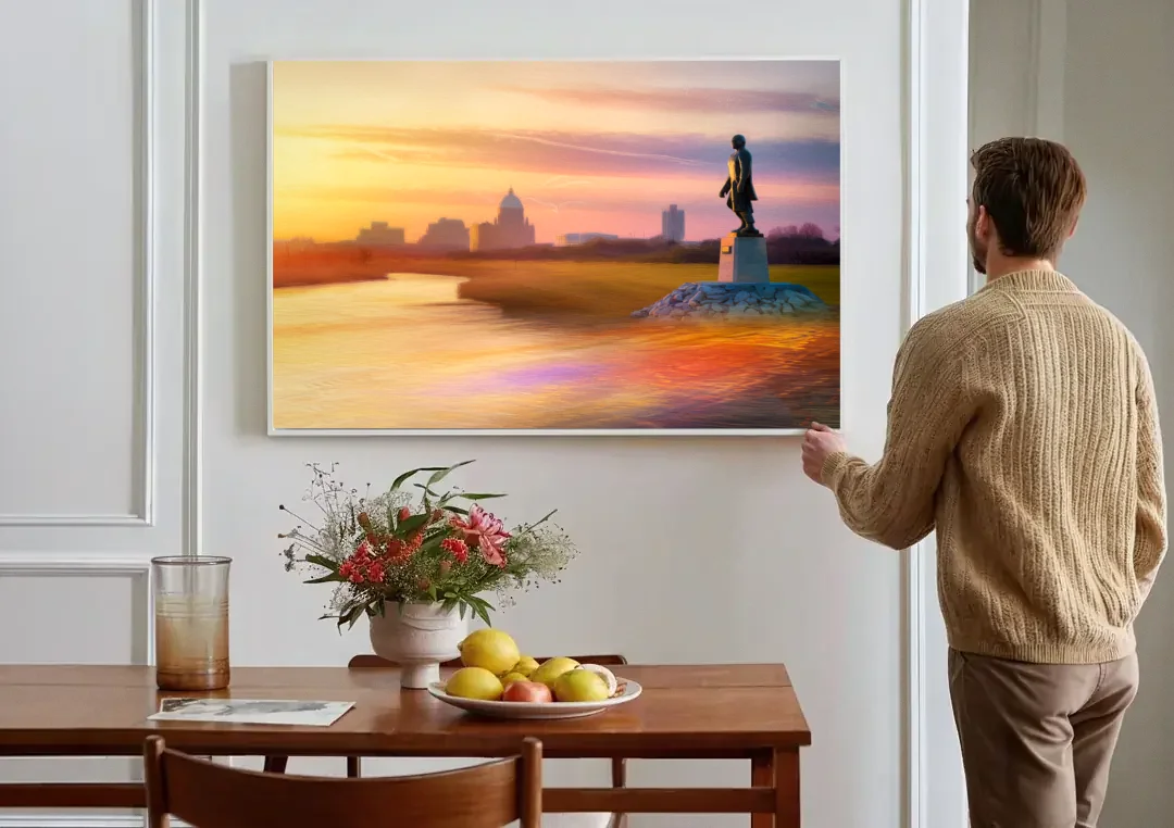 Wichita Skyline Sunset canvas wall art above a dining table