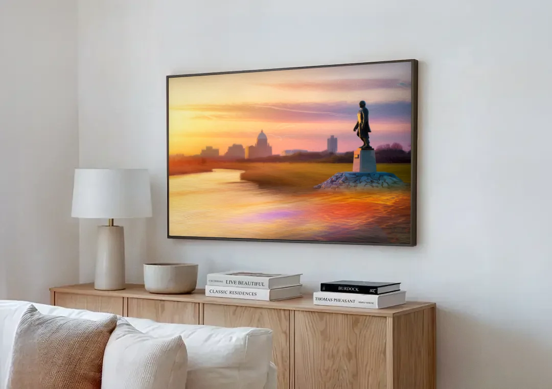 Wichita Skyline Sunset canvas wall art above a wooden sideboard next to a sofa