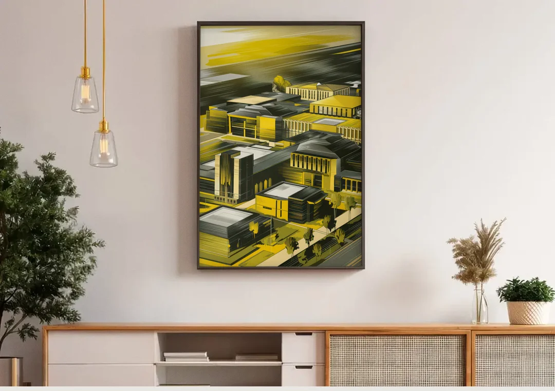 Wichita State Shockers Pride canvas wall art above a wooden sideboard under pendant lights