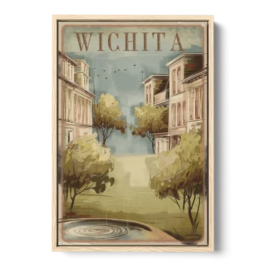 Wichita Vintage Aesthetic - Oak Framed Canvas Wall Art - Front