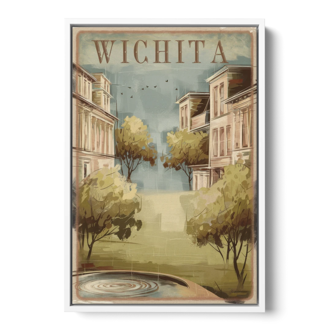 Wichita Vintage Aesthetic - White Framed Canvas Wall Art - Front