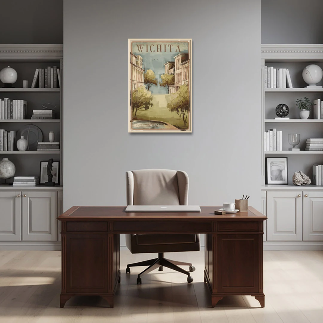 Wichita Vintage Aesthetic - Oak Framed Canvas Wall Art - Office - 24x36