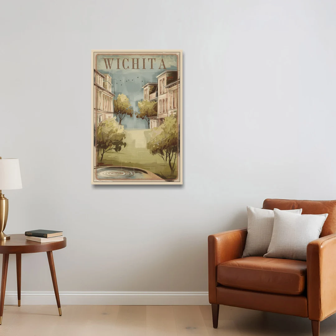 Wichita Vintage Aesthetic - Oak Framed Canvas Wall Art - Sofa - 24x36