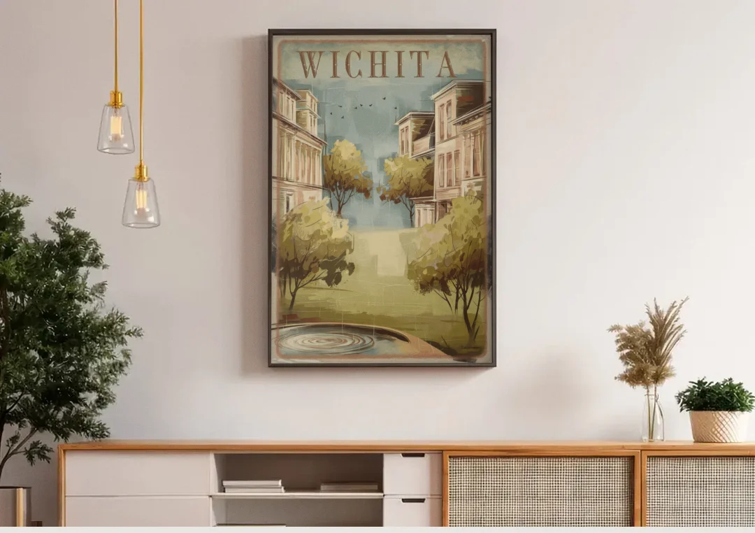 Wichita Vintage Aesthetic canvas wall art above a wooden sideboard under pendant lights