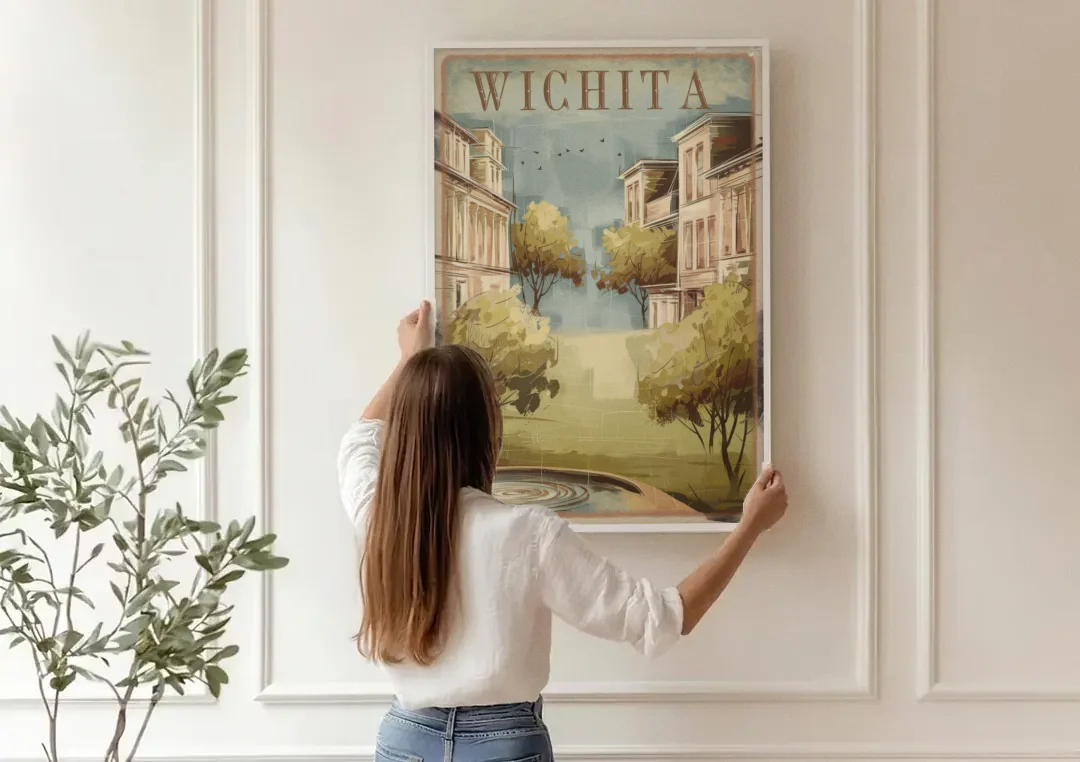 Wichita Vintage Aesthetic canvas wall art being hung on a paneled wall