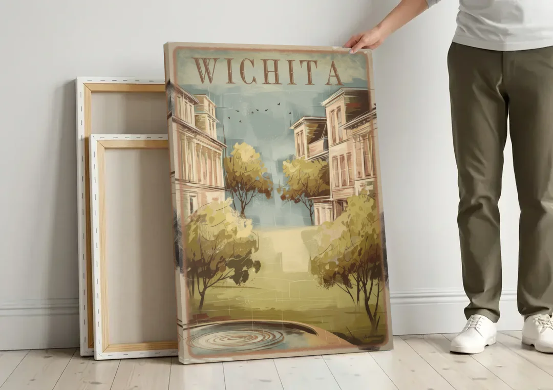 Wichita Vintage Aesthetic canvas wall art leaning against a wall next to blank canvases