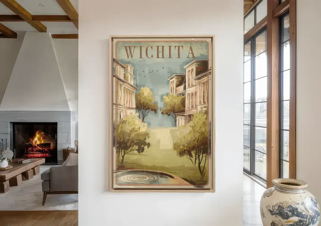Wichita Vintage Aesthetic canvas wall art in a living room with a fireplace
