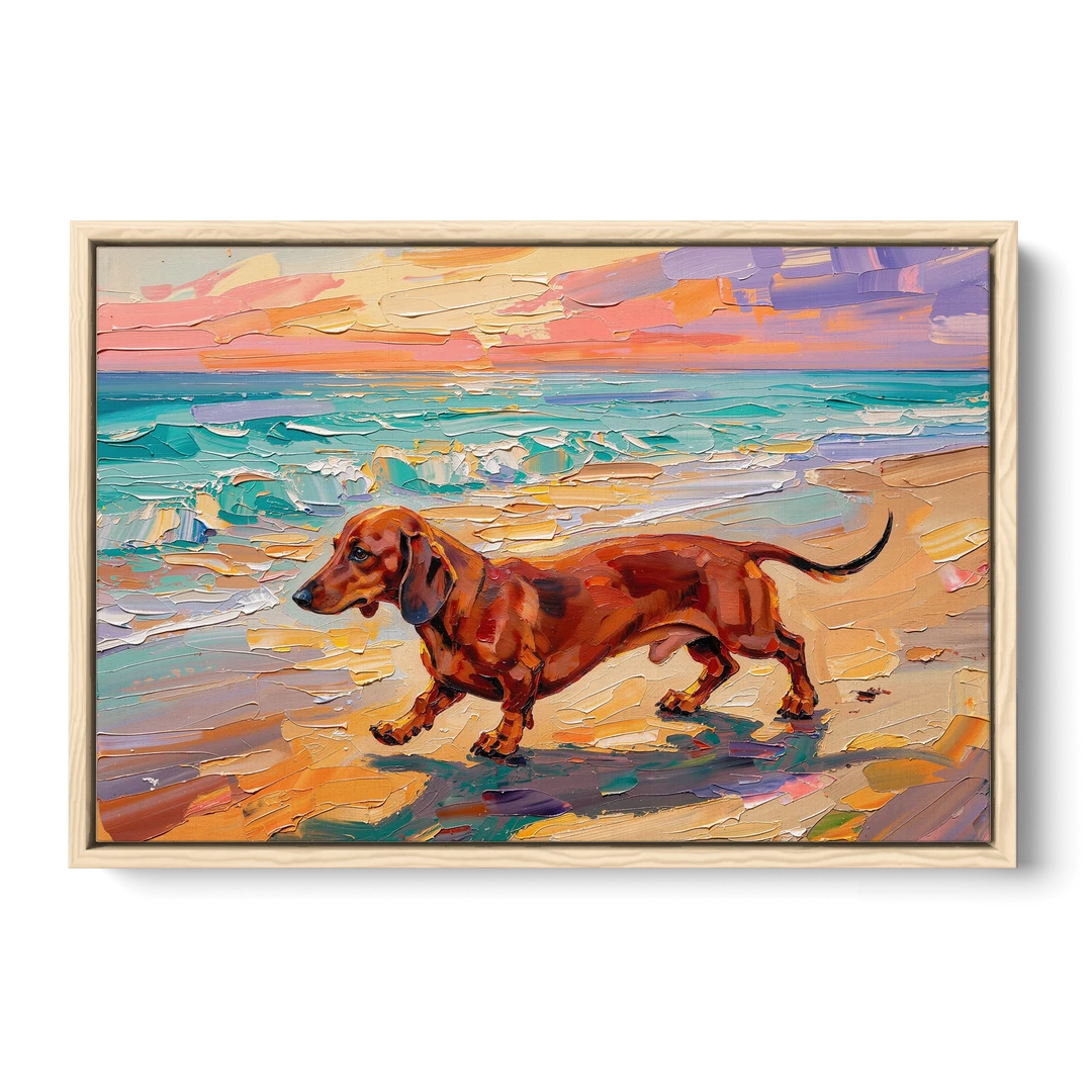 Wiener Dog Painting Sunset Beach Trot - Oak Framed Canvas Wall Art - Front