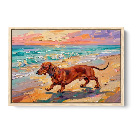 Wiener Dog Painting Sunset Beach Trot - Oak Framed Canvas Wall Art - Front