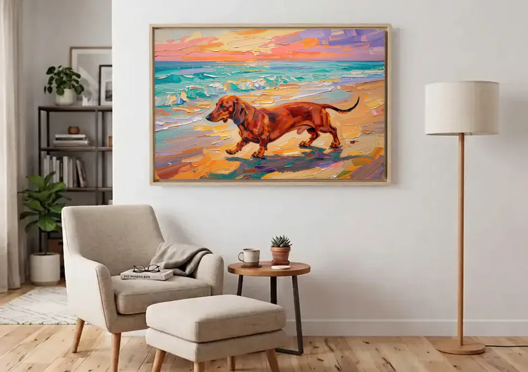 Wiener Dog Painting Sunset Beach Trot canvas wall art above an armchair in a bright living room