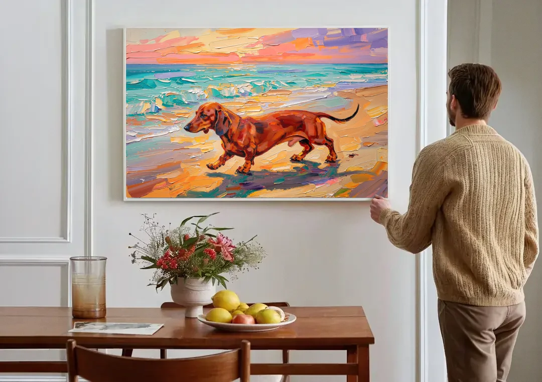 Wiener Dog Painting Sunset Beach Trot canvas wall art above a dining table