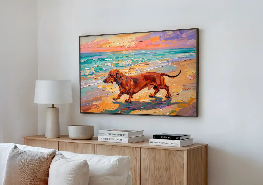 Wiener Dog Painting Sunset Beach Trot canvas wall art above a wooden sideboard next to a sofa