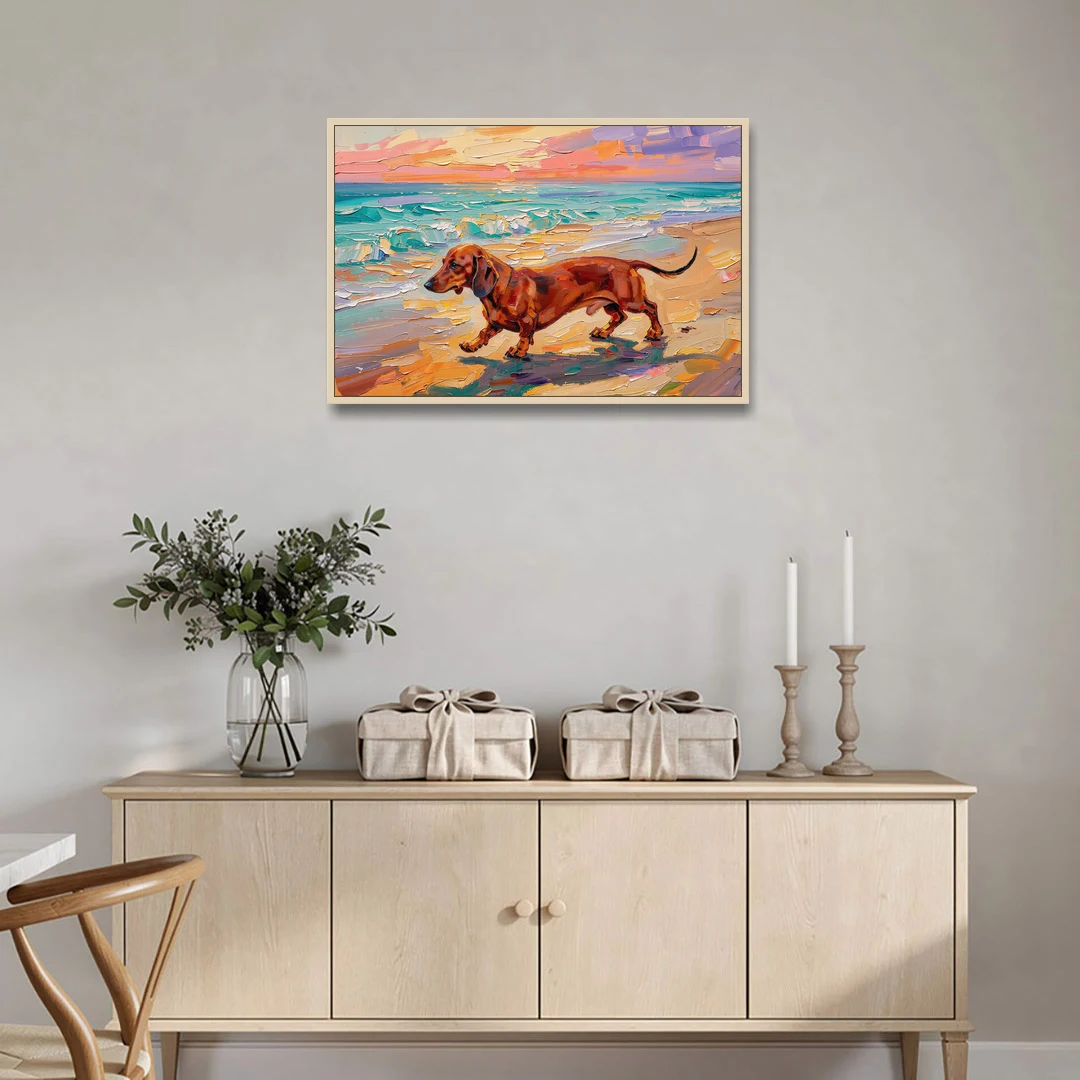 Wiener Dog Painting Sunset Beach Trot - Oak Framed Canvas Wall Art - Coffee Table - 36x24