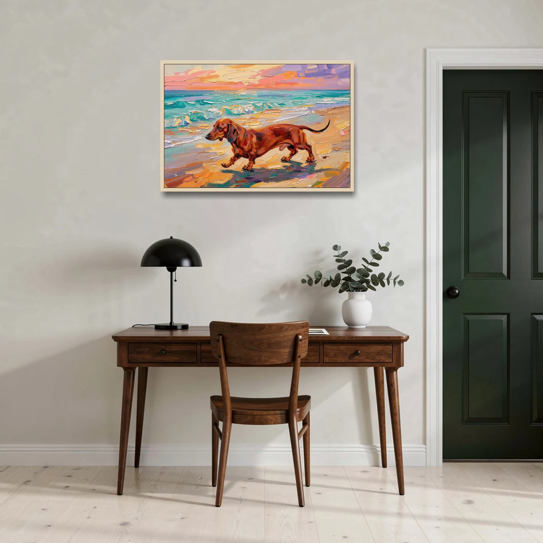 Wiener Dog Painting Sunset Beach Trot - Oak Framed Canvas Wall Art - Office - 36x24