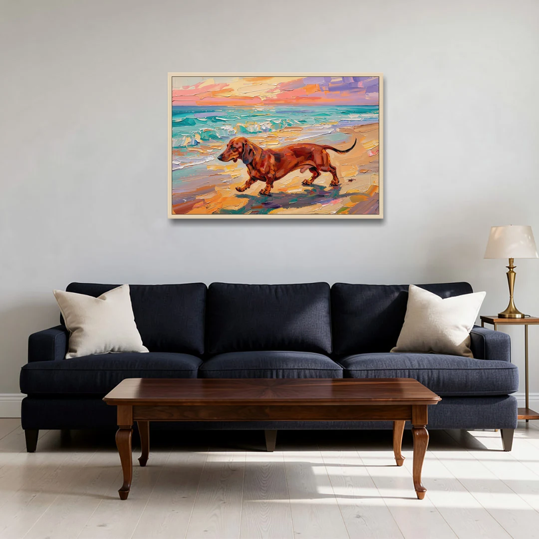 Wiener Dog Painting Sunset Beach Trot - Oak Framed Canvas Wall Art - Sofa - 36x24