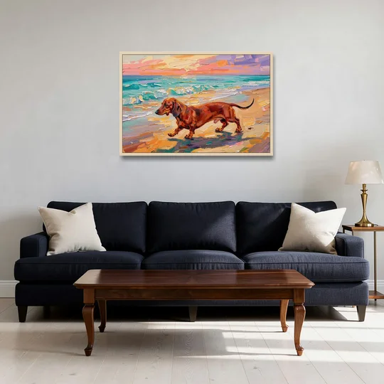 Wiener Dog Painting Sunset Beach Trot - Oak Framed Canvas Wall Art - Sofa - 36x24